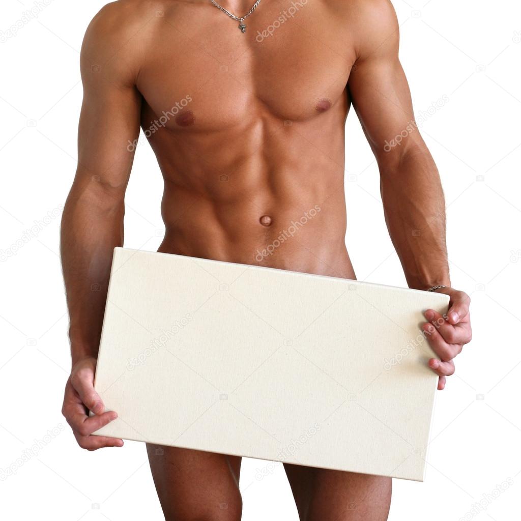 Naked Muscular Man Covering with Board