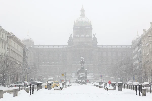 Heavy snowfall over Wenceslas Square — Stock Photo, Image