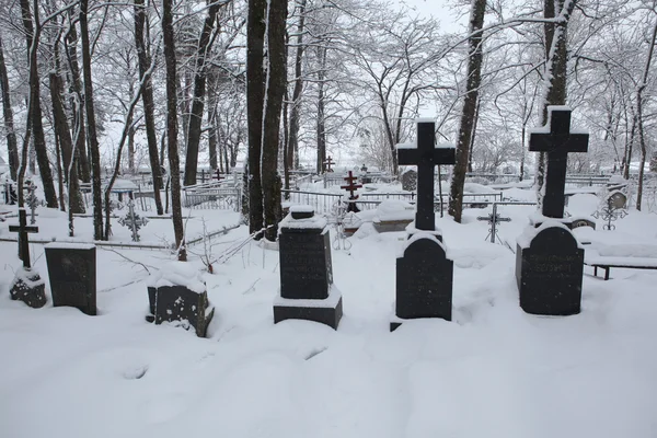 Tumbas cubiertas de nieve en Izborsk — Foto de Stock