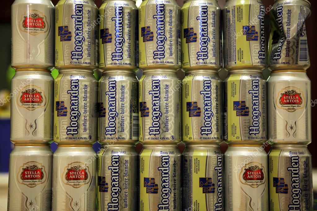 LEUVEN, BELGIUM - AUGUST 22, 2012: Empty beverage cans after Belgian beer Hoegaarden and Stella Artois pictured in Leuven, Belgium.
