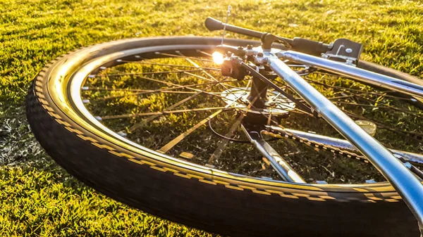 Närbild Skott Cykel Hjul Över Gräsmattan Montevideo Uruguay — Stockfoto