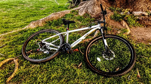 Mountain bike parked at grass park, montevideo, uruguay