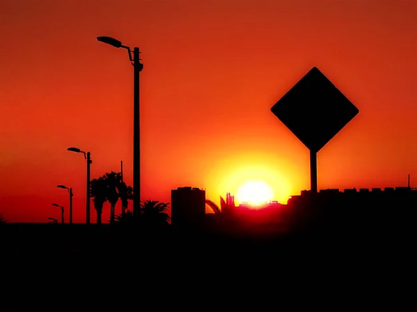 Urban sunset silhouette scene at montevideo city, uruguay