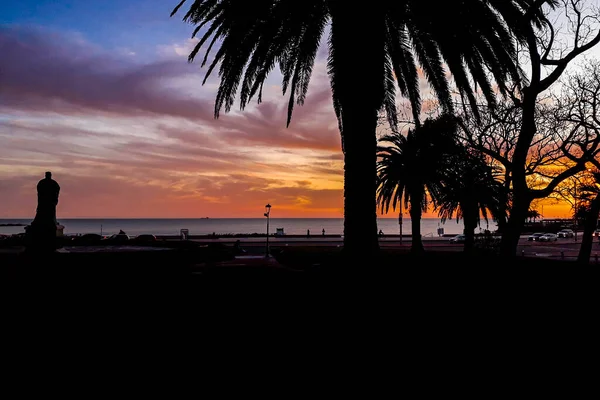 Nacht Stedelijke Kust Zonsondergang Silhouet Scène Montevideo Stad Uruguay — Stockfoto
