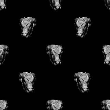 Minotaur baş motifi ile mavi ve siyah renklerde konuşmasız desen tasarımı