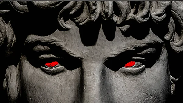 猛男希腊特写与邪恶的表情在黑色背景之上 — 图库照片