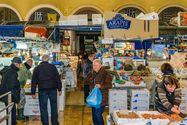 Athens Grekland Januari 2020 Interiör Syn Traditionell Central Marknad Utlänningar — Stockfoto