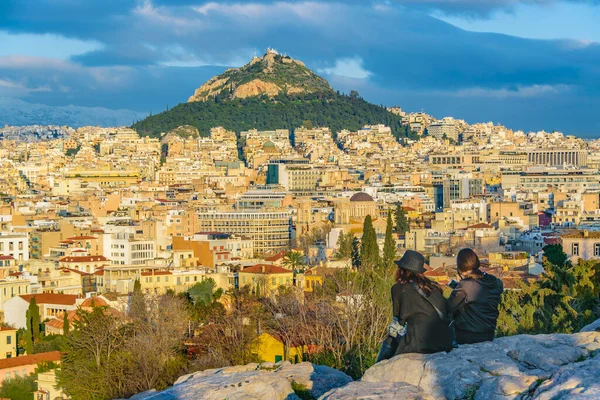Widok Lotu Ptaka Krajobraz Aten Szczytu Wzgórza Philopappos Słynny Punkt — Zdjęcie stockowe