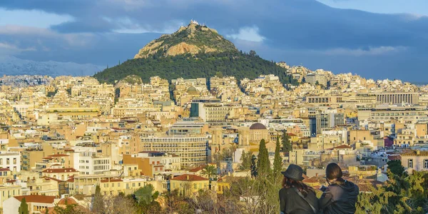 Widok Lotu Ptaka Krajobraz Aten Szczytu Wzgórza Philopappos Słynny Punkt — Zdjęcie stockowe
