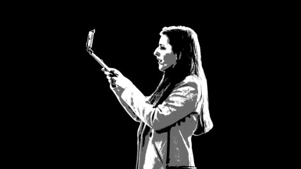 Side View Young Woman Taking Selfie Drawing Simple Looped Animation Rechtenvrije Stockvideo's
