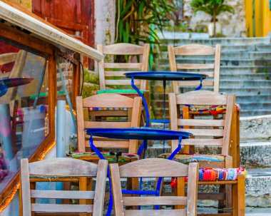 Colored rustic style empty bar at typical touristic restaurants zone in plaka district.