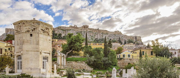 Famous ruins of ancient roman agora, athens city, greece