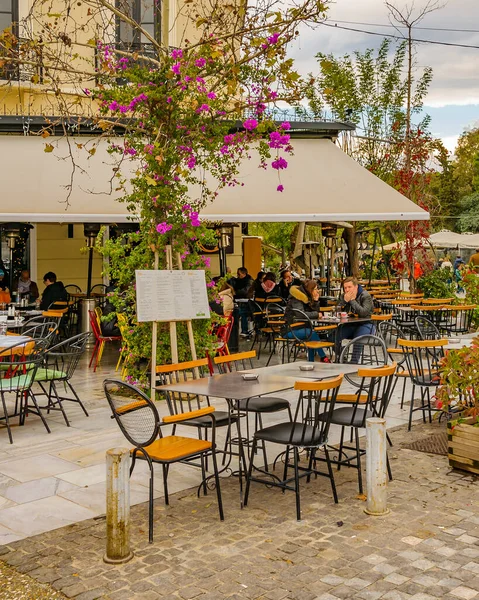 Atenas Grecia Diciembre 2019 Escena Urbana Invernal Zona Restaurantes Calle — Foto de Stock