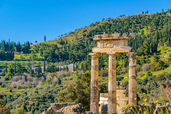 Sonnigen Tag Szene Berühmten Delfos Orakelgebäude Griechenland — Stockfoto