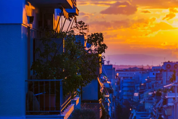 Apartment Balcony Sunset Sky Background Athens City Greece — Stock Photo, Image