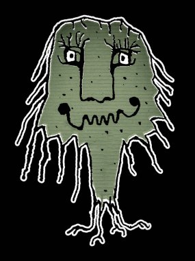 Siyah arka plan üzerinde yeşil ve siyah kalem çizen komik bir canavar.