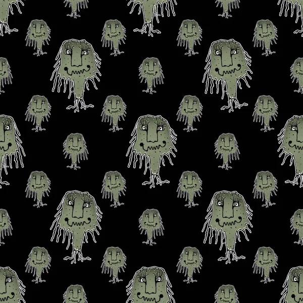 Green Black Funny Monsters Motif Pencil Drawing Seamless Pattern — Stock Photo, Image