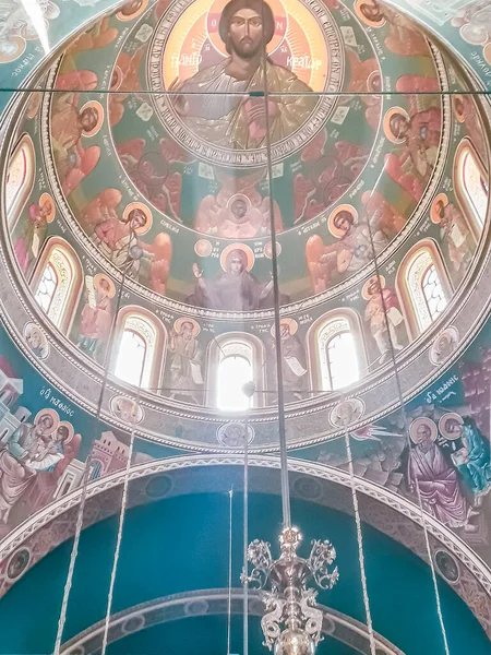 Bajo Ángulo Pintado Cúpula Iglesia Ortodoxa Athens Griego — Foto de Stock