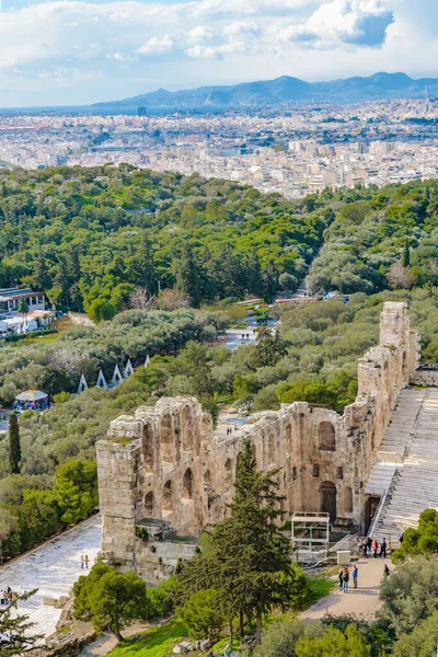 Flygfoto Från Akropolis Kulle Odeon Herodes Atticus Utlänningar Grekisk — Stockfoto
