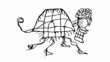 Yan görünüm tüm vücut sürreal yaratık canavar siyah ve beyaz el izole çizilmiş çizim yürüme animasyon video