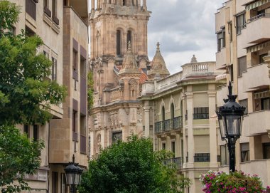 Salamanca, İspanya: 5 Eylül 2023: İspanya 'nın tarihi Salamanca ilçesinde göz hizasında geniş bir yaya sokağı