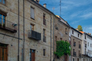 Salamanca şehrinin tarihi bölgesindeki geleneksel taş evlerin manzarası, İspanya