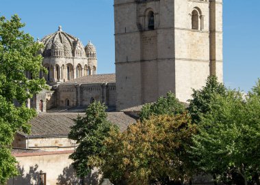 Zamora Katedrali 'nin tarihi taş kulesinin dikey görüntüsü Jardines de Baltasar Lobo Parkı' ndan görüldü.