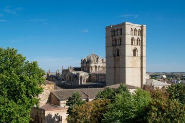 Zamora Katedrali 'nin tarihi taş kulesinin dikey görüntüsü Jardines de Baltasar Lobo Parkı' ndan görüldü.