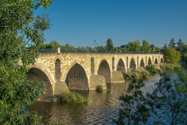 Tarihi Taş Köprü 'nün yan görüntüsü veya Puente de Piedra İspanya' nın Zamora kentindeki Duero Nehri 'ni geçerken..