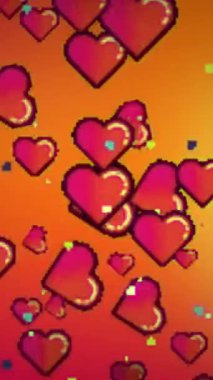 2D karikatür tarzı karikatür, turuncu bir arkaplanda rastgele hareket eden kalpler.