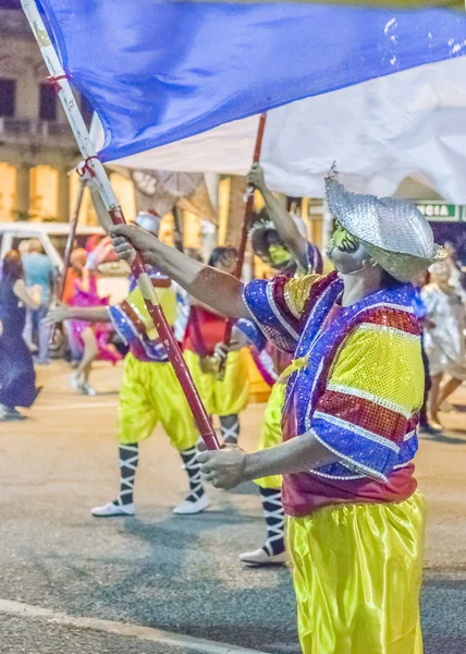 Costumi Uomini con Bandiera Marciando alla Parata di Carnevale dell'Uruguay — Foto Stock