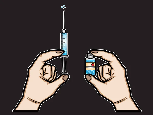 Vektor Illustration Handhållen Injektions Och Vaccinflaska — Stock vektor