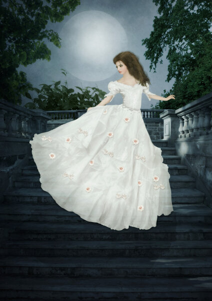 Young girl with long blond beautiful dress, with fluttering hair runs down the stairs at midnight under the moon.Fairy Tale Cinderella