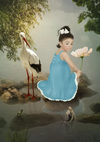 Little girl, crane and fish — Stock Photo, Image