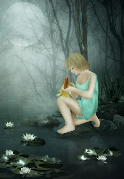 The girl and the goldfish — Stock Photo, Image