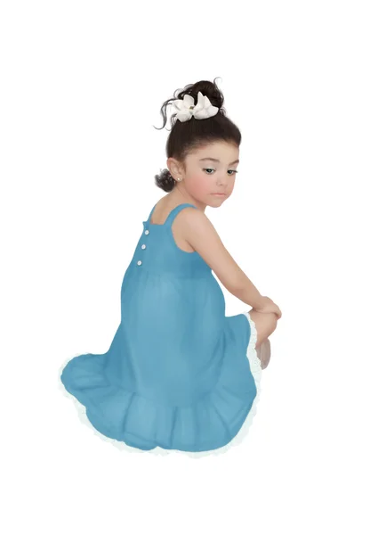 Het kleine meisje in blauwe sundress — Stockfoto