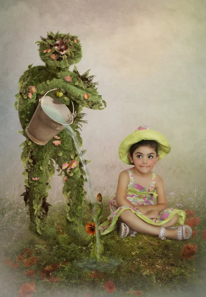 Girl and magical gardener — Stock Photo, Image