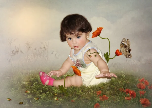 Baby and butterflies — Stock Photo, Image