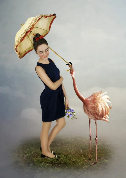 Chica con paraguas y flamenco —  Fotos de Stock