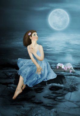 Ay ışığı üzerinde uzun saçlı kadın