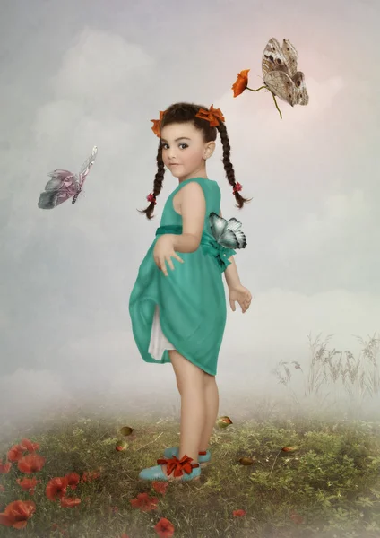 Mädchen und Schmetterlinge mit Mohnblumen — Stockfoto
