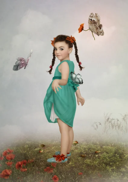 Girl and butterflies with poppy flowers — Stock Photo, Image