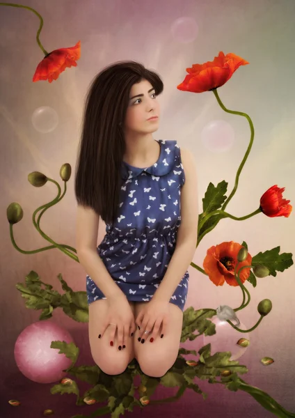 Rêver jeune fille avec des fleurs — Photo