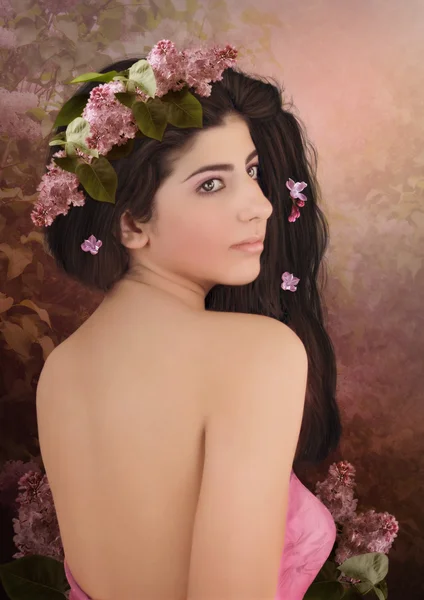 Girl with with wreath of lilac — Stock Photo, Image