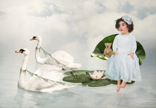 White swans and little girl — Stockfoto