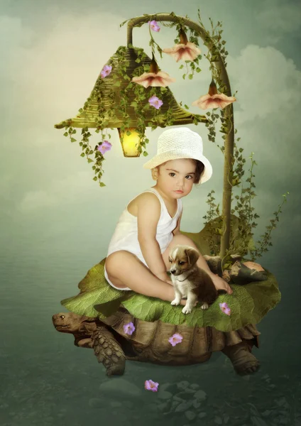 Little girl and puppy sitting on  turtle — Stock Photo, Image