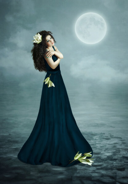 Young girl with long hair and white lilies on the seafront under the moonlight dream