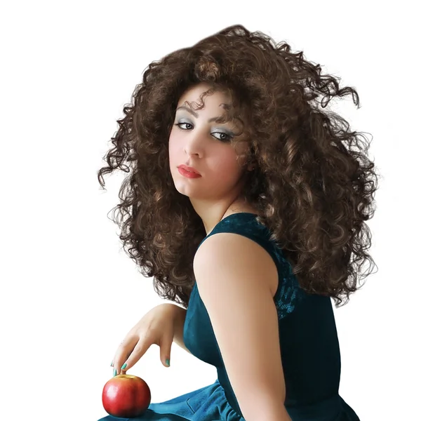 Κορίτσι με σγουρά μαλλιά, κρατώντας το μήλο — Φωτογραφία Αρχείου