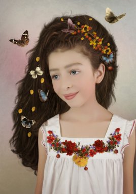 Kelebekler ile küçük kız portresi