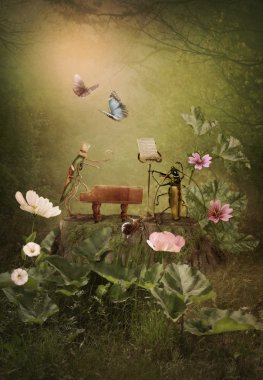 Pianist grasshopper and violinist beetle clipart